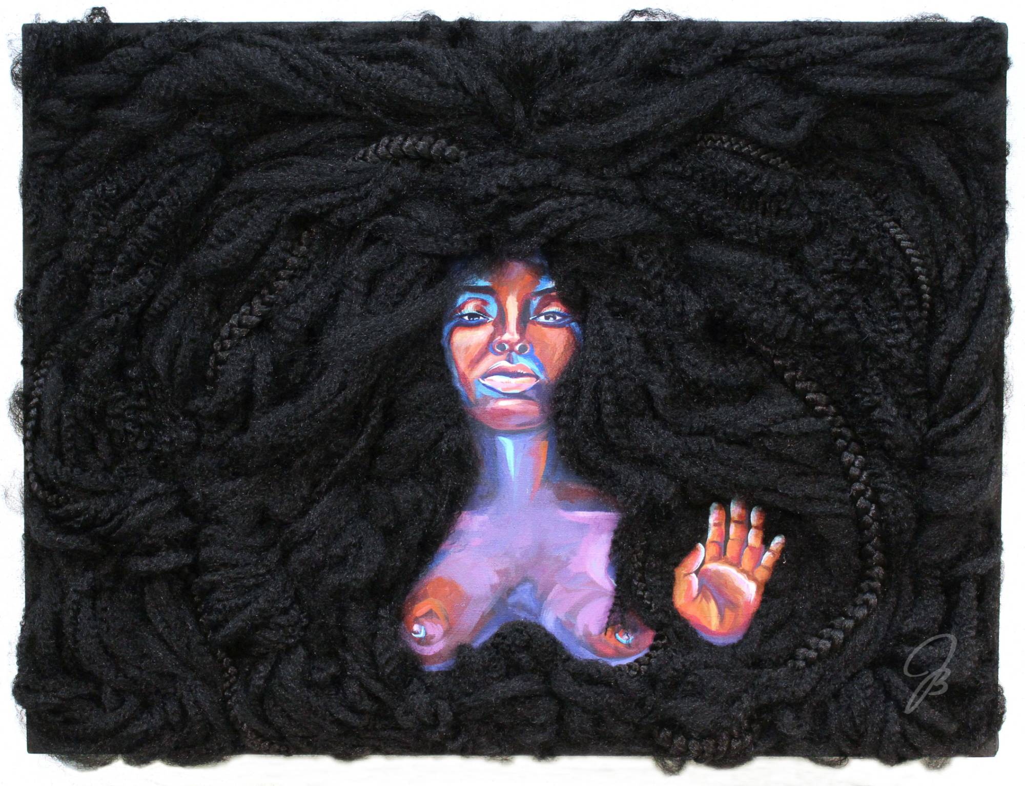 purple and multicolor woman's torso surrounded by dark fibrous hair